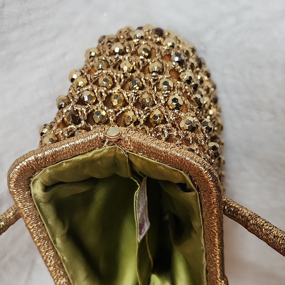 Vintage, Metallic Gold Beaded Purse,small Woven Handbag, with retro green lining - Picture 7 of 12